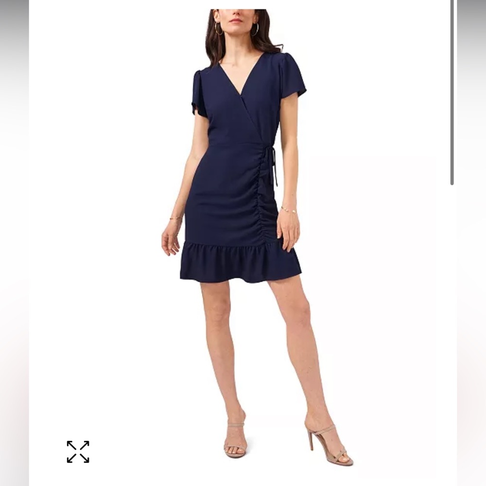 1.STATE Ruched Faux Wrap Dress Navy Blue Size Medium NEW - Picture 3 of 13